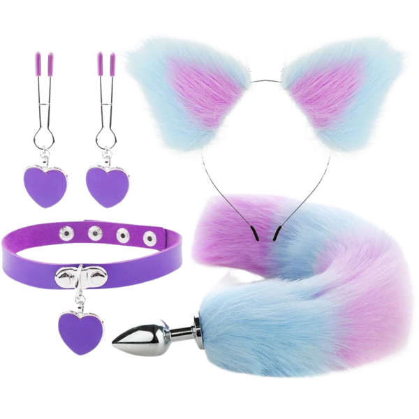 Blue and Purple BDSM kit with tail and collar